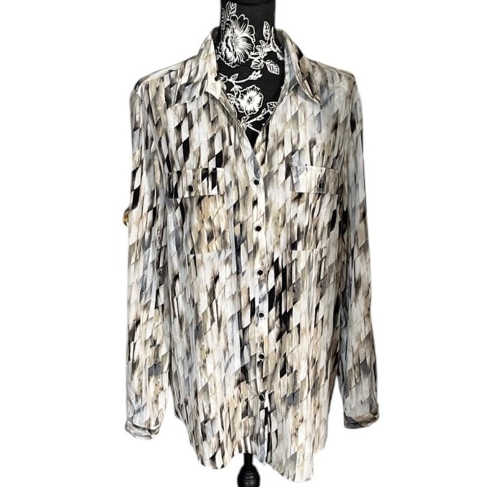 JM Collection size 16 ivory & tan print long sleeve button down shirt